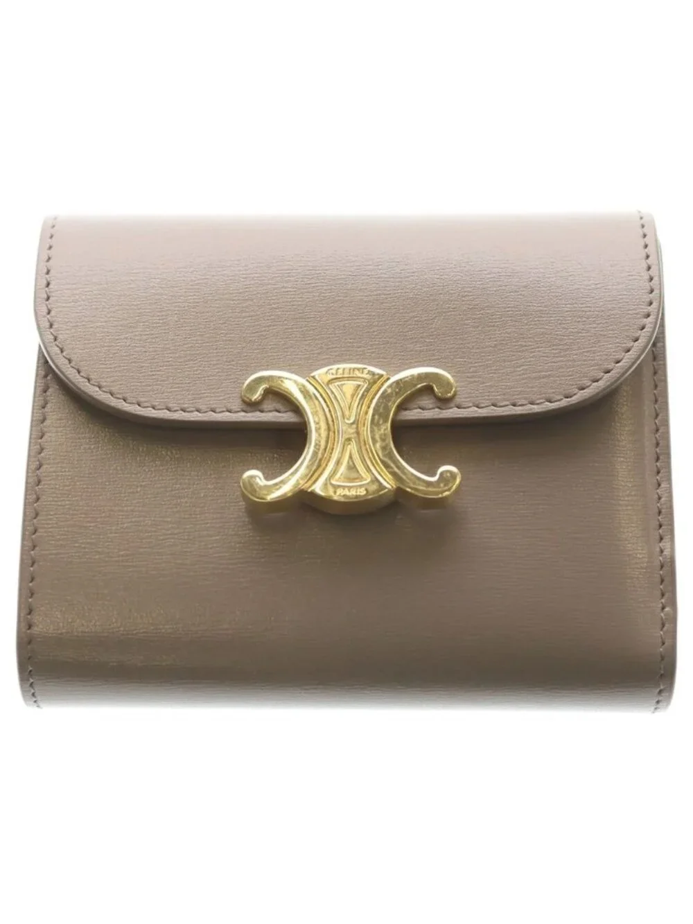 Celine Triomphe Small Flap Wallet Compact Trifold Gray Leather Gold